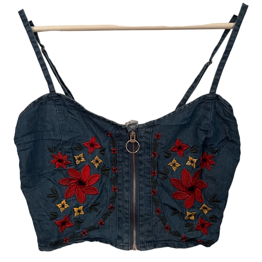Denim Floral Embroidered Crop Top, M